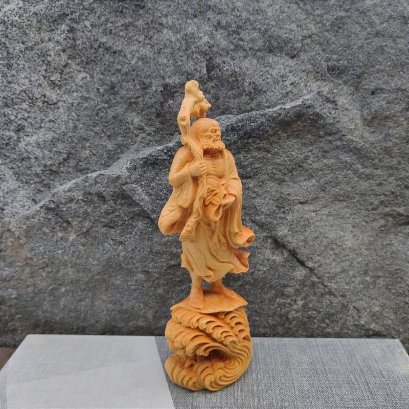 Figură Bodhidharma, sculptură din lemn cu rădăcini, stil zen