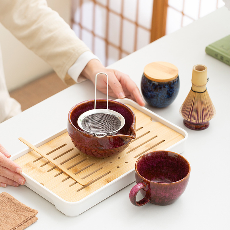 Set Yakiware pentru matcha: bol pentru matcha, tel de amestec, ceașcă și set de depozitare