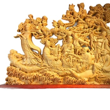 Lemn sculptat din gutui: Opt Nemuritori traversează marea, ornament pentru living, sculptură din rădăcină solidă, material cu aspect uzat