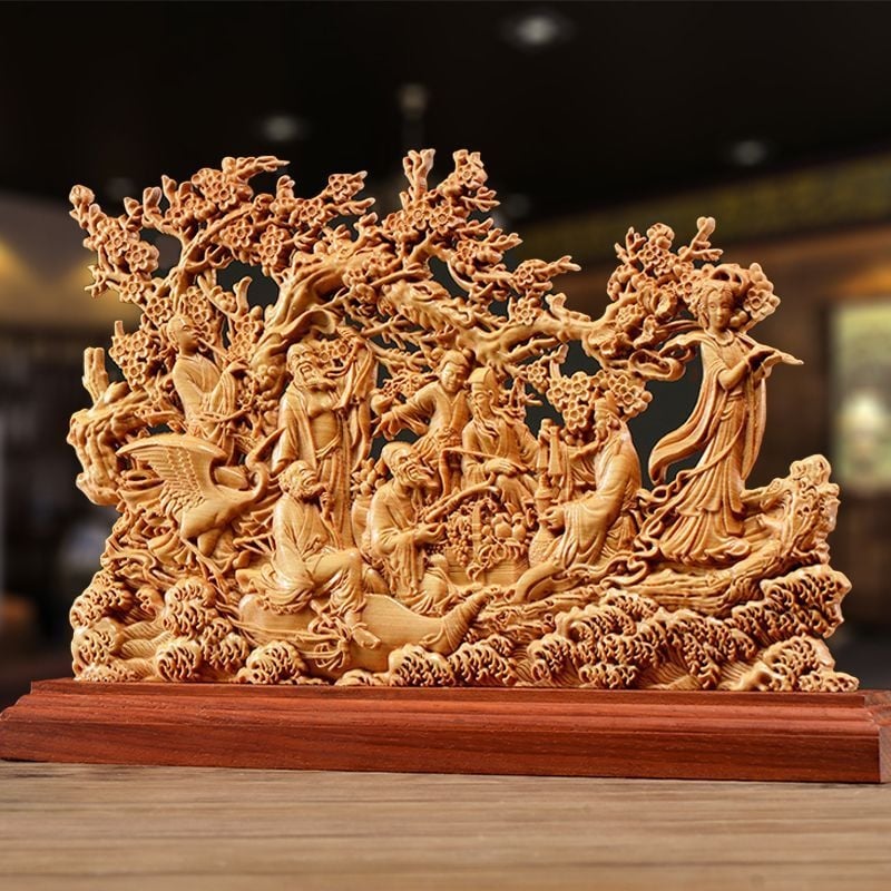 Lemn sculptat din gutui: Opt Nemuritori traversează marea, ornament pentru living, sculptură din rădăcină solidă, material cu aspect uzat