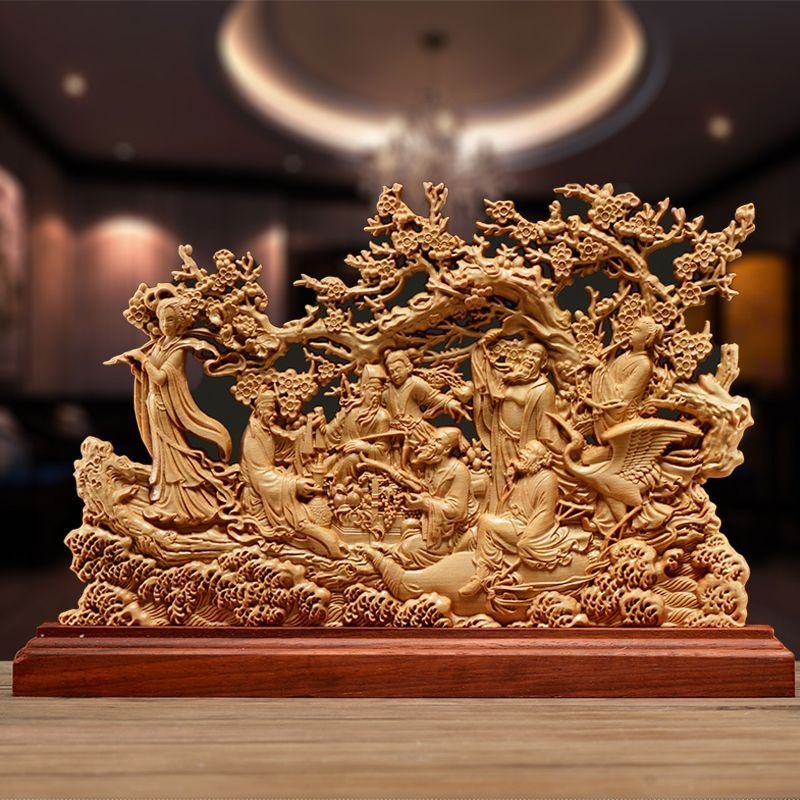 Lemn sculptat din gutui: Opt Nemuritori traversează marea, ornament pentru living, sculptură din rădăcină solidă, material cu aspect uzat