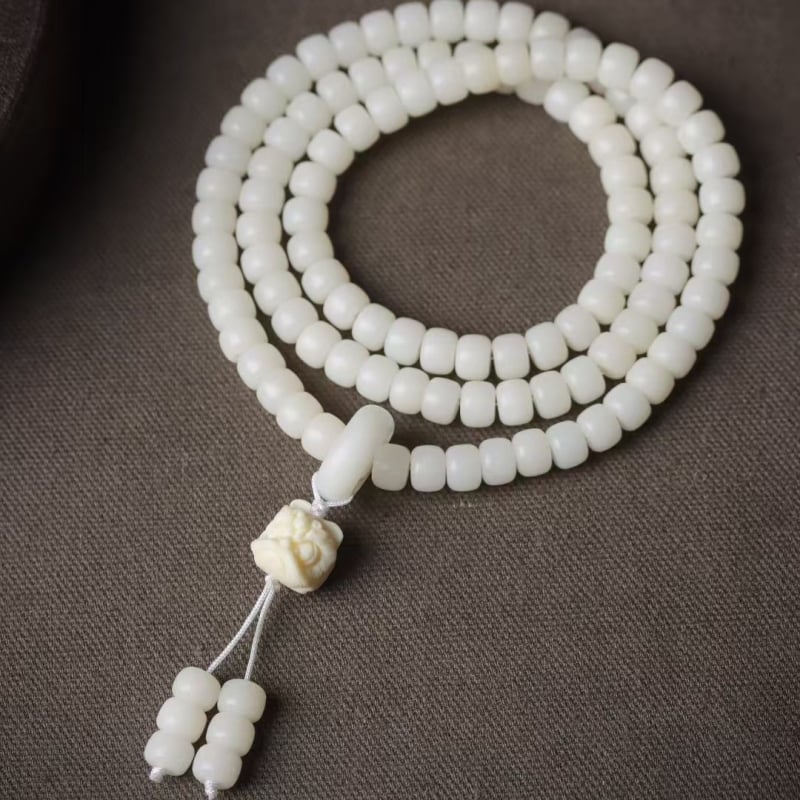 Bratara autentic Bodhi din rădăcină de jad alb cu mărgele cilindrice originale — stil vintage, set bijuterii: bratara, colier și bratara cu buclă