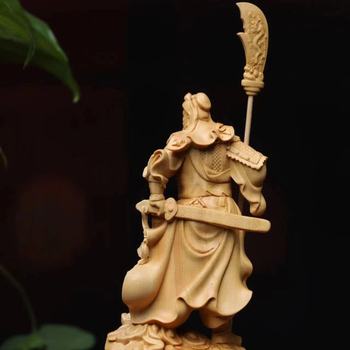 Guan Yu din boxwood cu sabie în picioare, piesă decor pentru casă, sculptură rădăcină în lemn