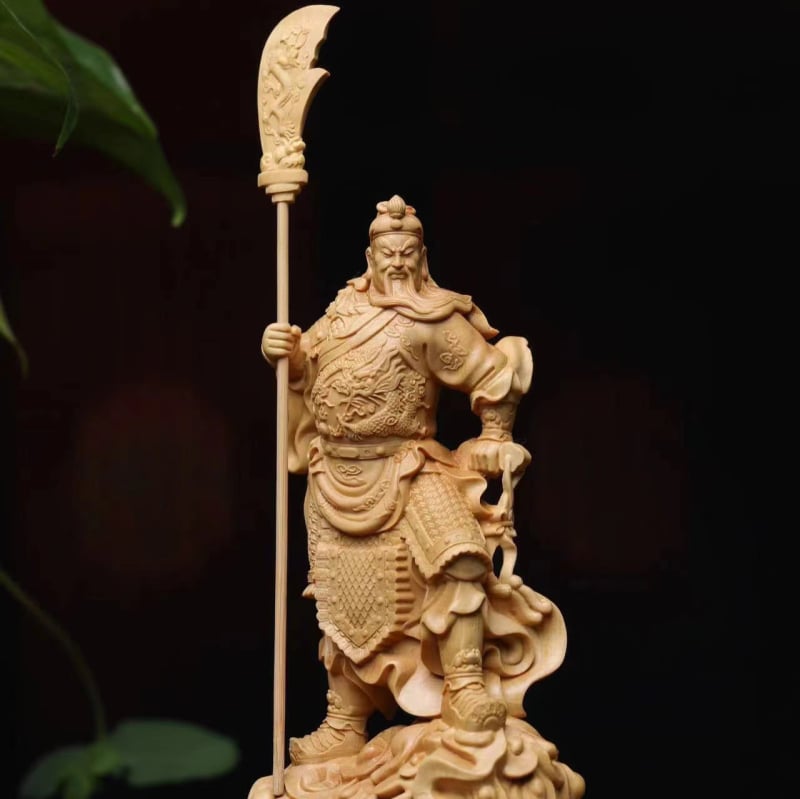Guan Yu din boxwood cu sabie în picioare, piesă decor pentru casă, sculptură rădăcină în lemn