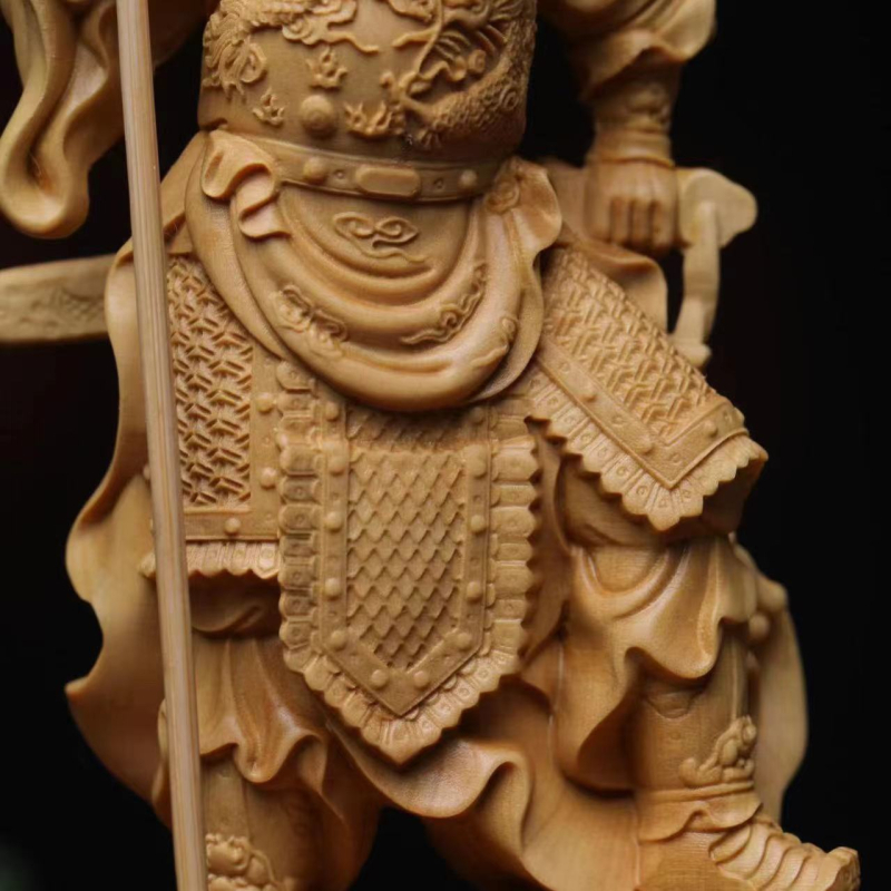 Guan Yu din boxwood cu sabie în picioare, piesă decor pentru casă, sculptură rădăcină în lemn