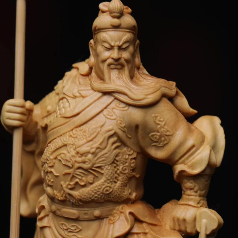 Guan Yu din boxwood cu sabie în picioare, piesă decor pentru casă, sculptură rădăcină în lemn
