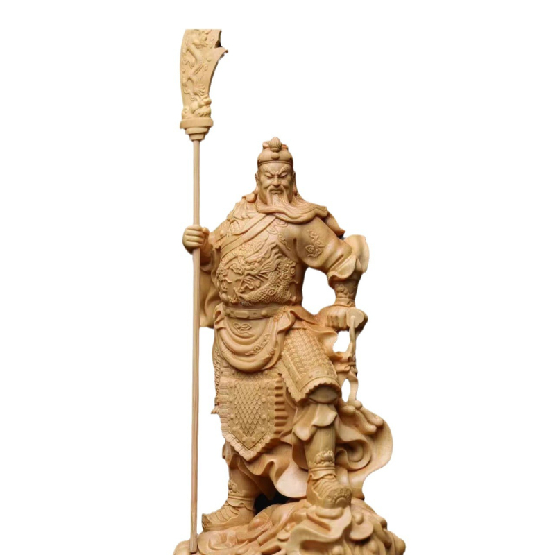 Guan Yu din boxwood cu sabie în picioare, piesă decor pentru casă, sculptură rădăcină în lemn