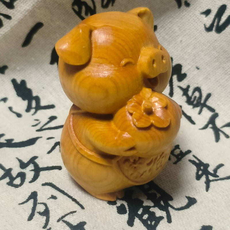Sculptură din lemn de chiparos – purcel norocos, ornament decorativ de mână, zodie chineză drăguță
