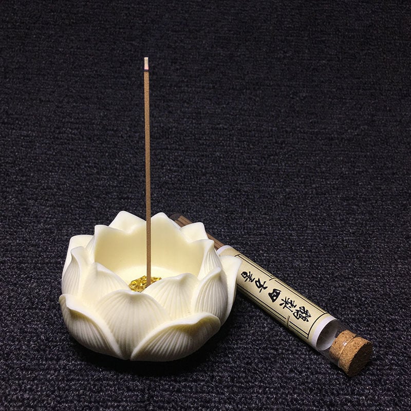 Suport pentru bețișoare de tămâie cu motiv lotus, inserție din cupru, 7 × 4,1 cm, lemn Bodhi și nucă de cocos