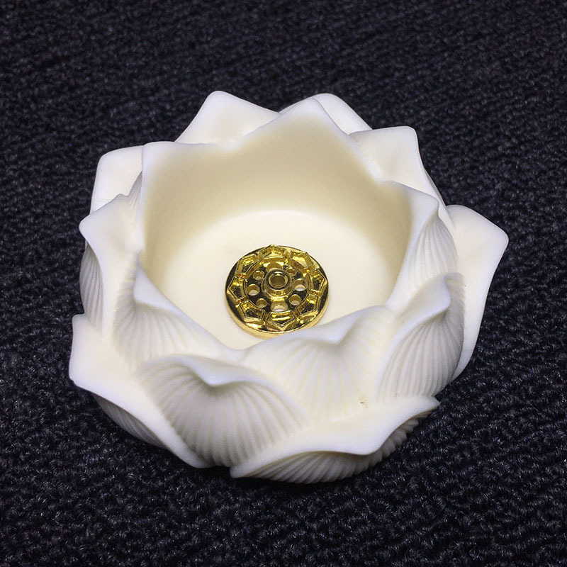Suport pentru bețișoare de tămâie cu motiv lotus, inserție din cupru, 7 × 4,1 cm, lemn Bodhi și nucă de cocos
