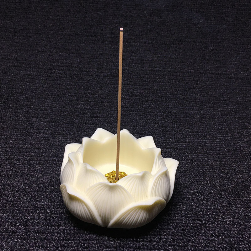 Suport pentru bețișoare de tămâie cu motiv lotus, inserție din cupru, 7 × 4,1 cm, lemn Bodhi și nucă de cocos