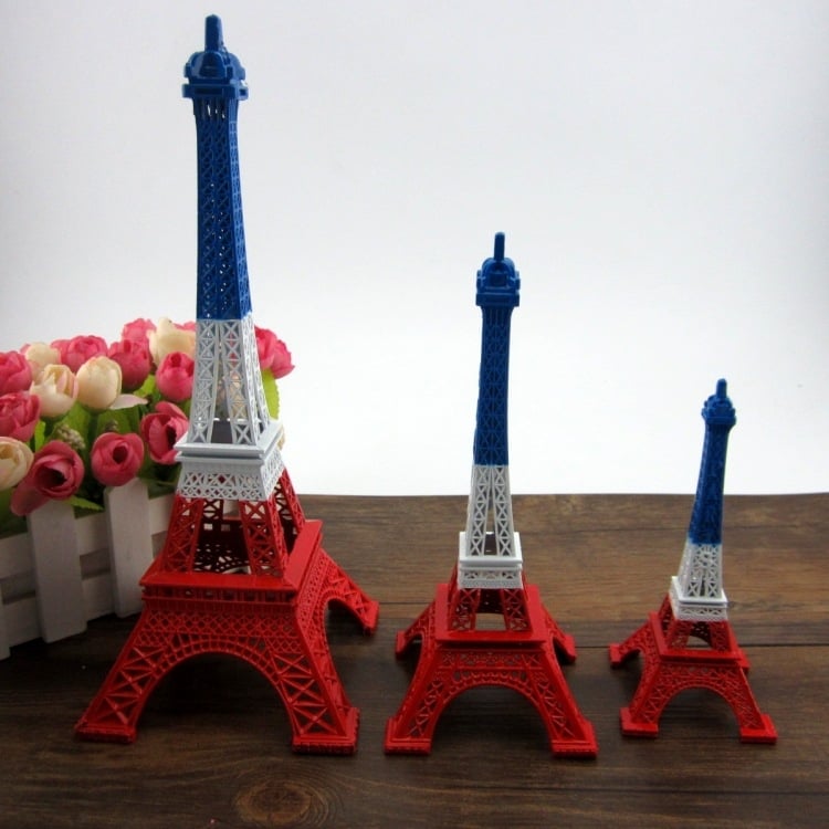 Model Turnul Eiffel din Paris, roșu, alb și albastru, ornament metalic, suvenir decorativ și recuzită pentru fotografiere