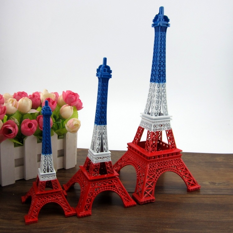 Model Turnul Eiffel din Paris, roșu, alb și albastru, ornament metalic, suvenir decorativ și recuzită pentru fotografiere