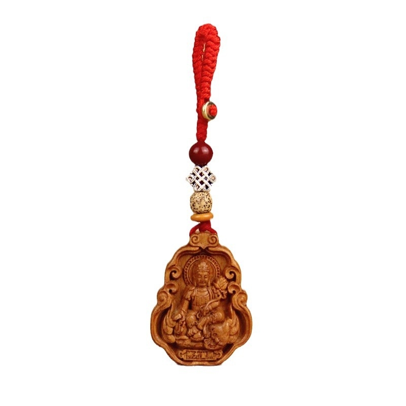 Pandantiv pentru chei din lemn de piersic, cu protector zodiacal, Bodhisattva Samantabhadra și amulet Buddha pentru Anul Dragonului