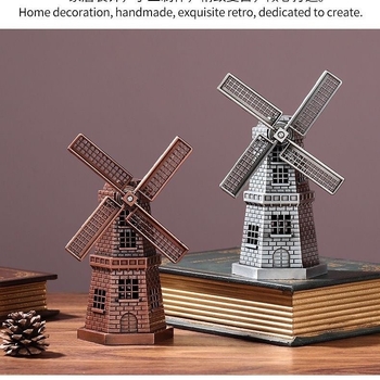 Ornament metalic vintage cu mori de vânt olandeze – miniatură de birou, decor european în stil țărănesc pentru bibliotecă și dulap