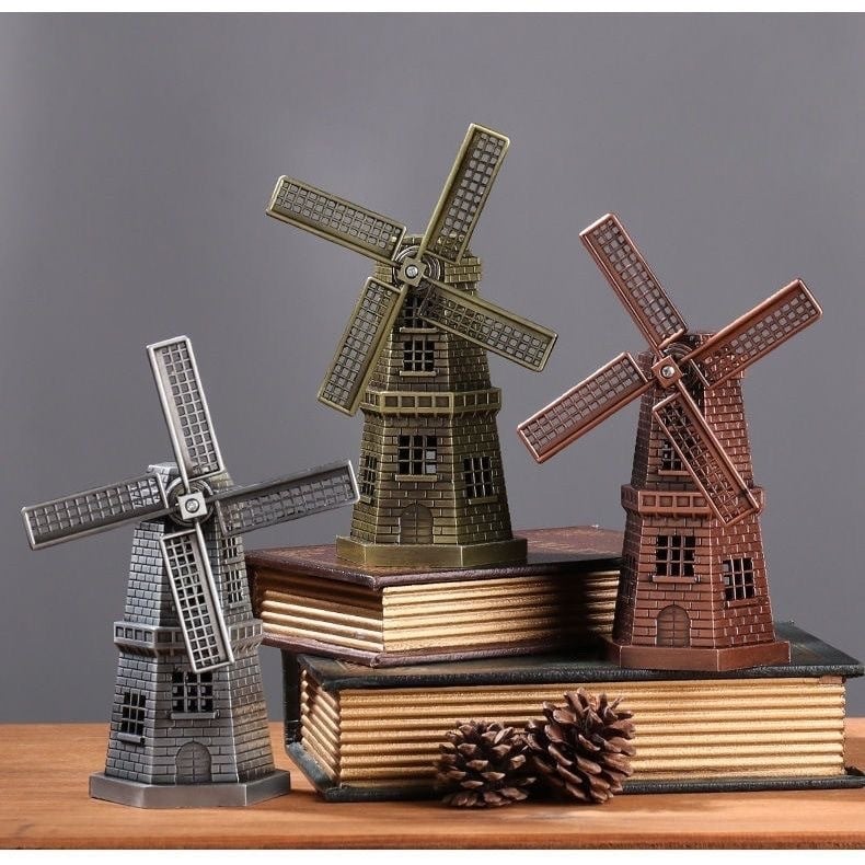 Ornament metalic vintage cu mori de vânt olandeze – miniatură de birou, decor european în stil țărănesc pentru bibliotecă și dulap