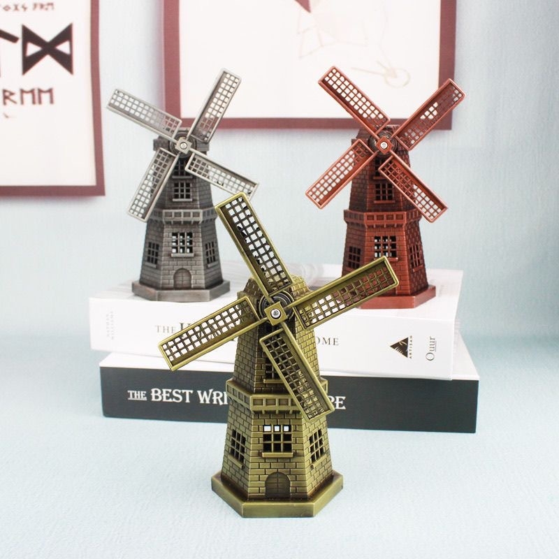 Ornament metalic vintage cu mori de vânt olandeze – miniatură de birou, decor european în stil țărănesc pentru bibliotecă și dulap