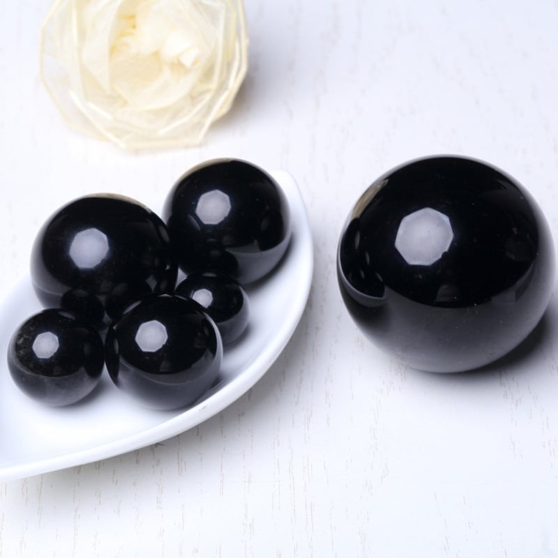 Sferă naturală de obsidian, minge decorativă neagră, fără găuri