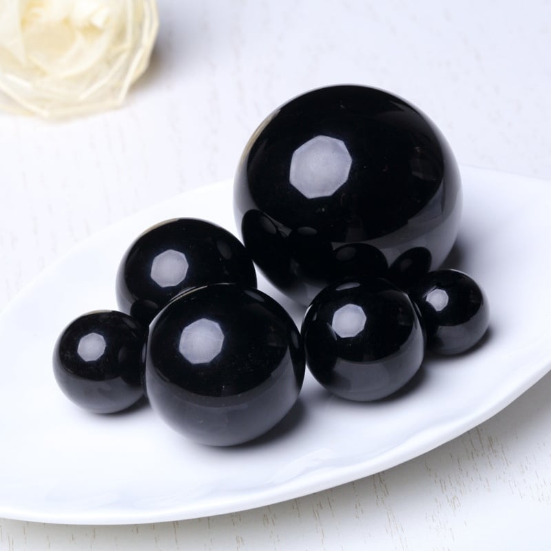 Sferă naturală de obsidian, minge decorativă neagră, fără găuri