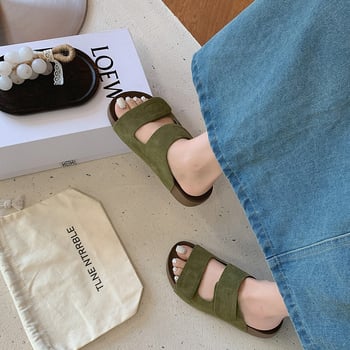 Sandale de damă cu Velcro, stil roman, vârf deschis, piele naturală, talpă moale, stil retro Birkenstock, sandale plate de plajă, vara 2026