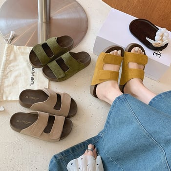 Sandale de damă cu Velcro, stil roman, vârf deschis, piele naturală, talpă moale, stil retro Birkenstock, sandale plate de plajă, vara 2026