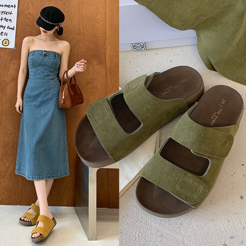 Sandale de damă cu Velcro, stil roman, vârf deschis, piele naturală, talpă moale, stil retro Birkenstock, sandale plate de plajă, vara 2026