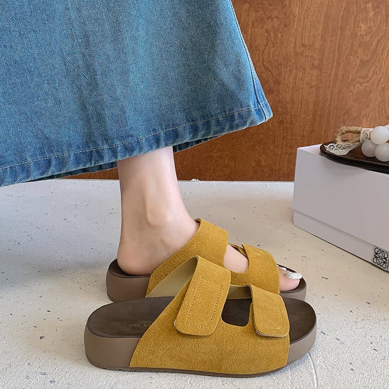 Sandale de damă cu Velcro, stil roman, vârf deschis, piele naturală, talpă moale, stil retro Birkenstock, sandale plate de plajă, vara 2026