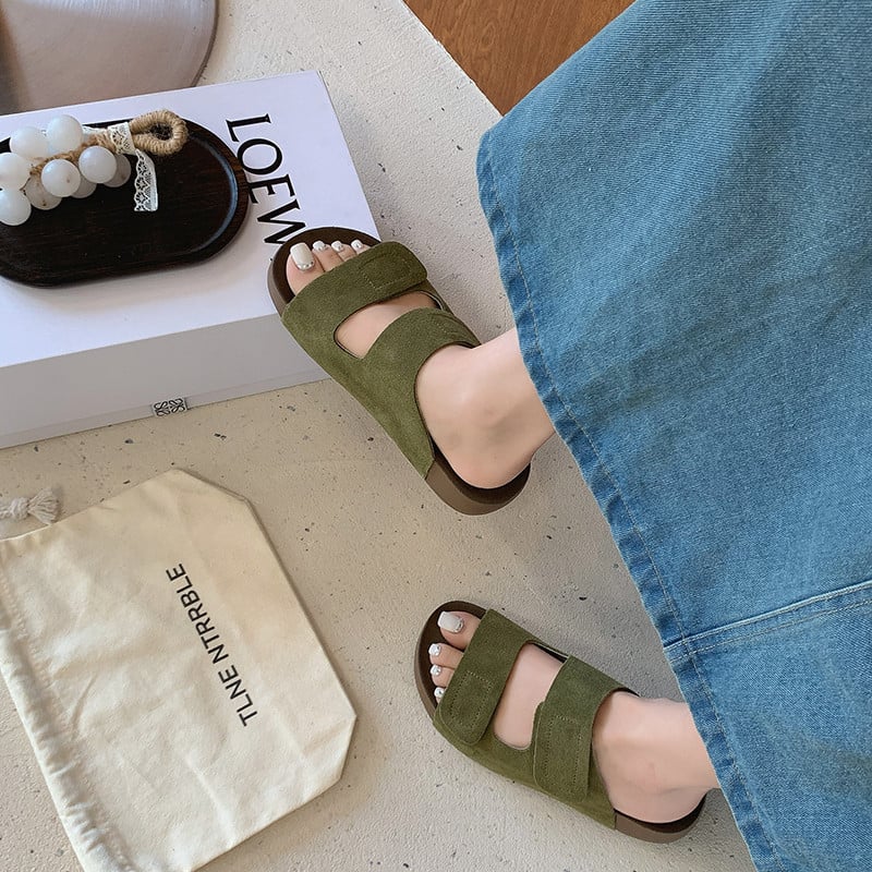 Sandale de damă cu Velcro, stil roman, vârf deschis, piele naturală, talpă moale, stil retro Birkenstock, sandale plate de plajă, vara 2026
