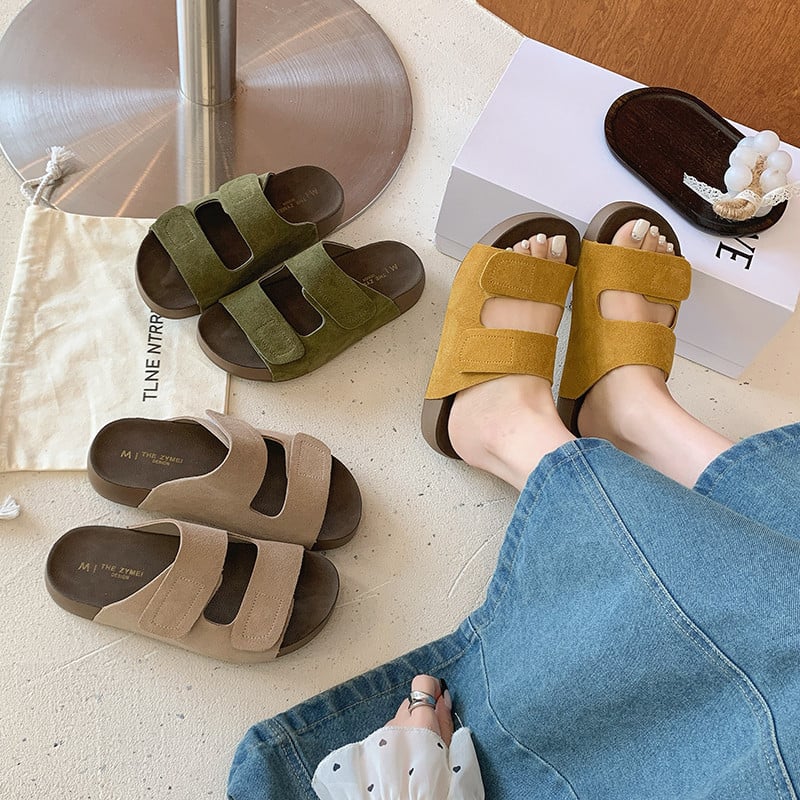 Sandale de damă cu Velcro, stil roman, vârf deschis, piele naturală, talpă moale, stil retro Birkenstock, sandale plate de plajă, vara 2026