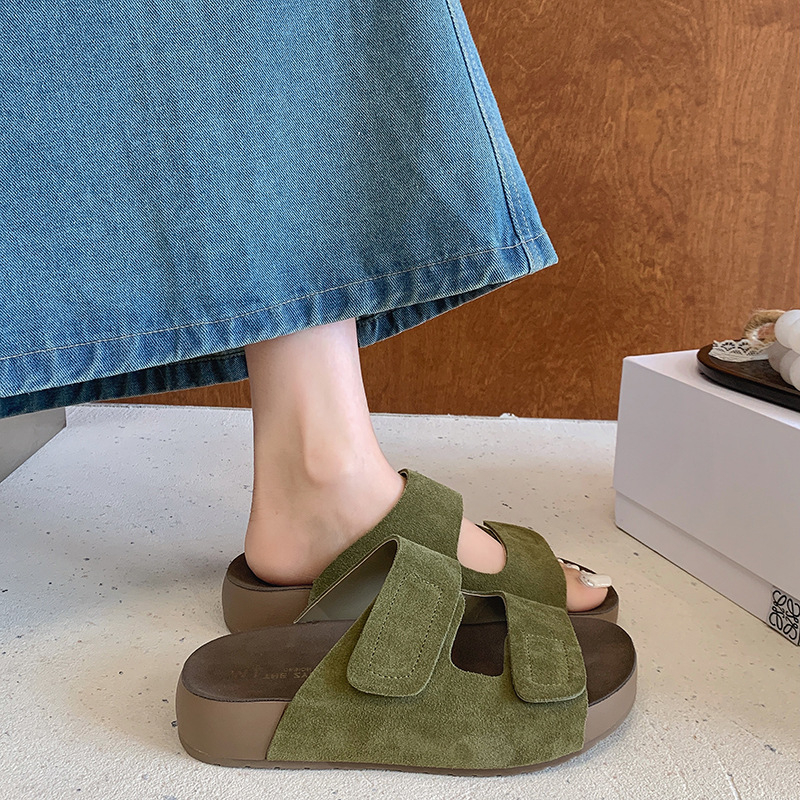 Sandale de damă cu Velcro, stil roman, vârf deschis, piele naturală, talpă moale, stil retro Birkenstock, sandale plate de plajă, vara 2026