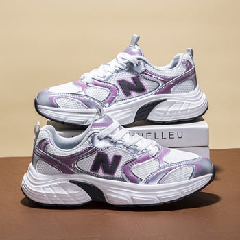 Adidași negri pentru bărbați, stil chunky, talpă moale, unisex, sneakers casual cu linie în formă de N