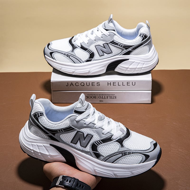 Adidași negri pentru bărbați, stil chunky, talpă moale, unisex, sneakers casual cu linie în formă de N