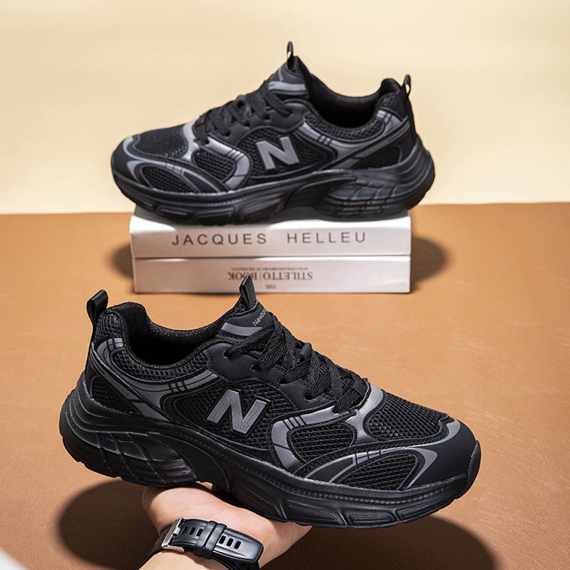 Adidași negri pentru bărbați, stil chunky, talpă moale, unisex, sneakers casual cu linie în formă de N