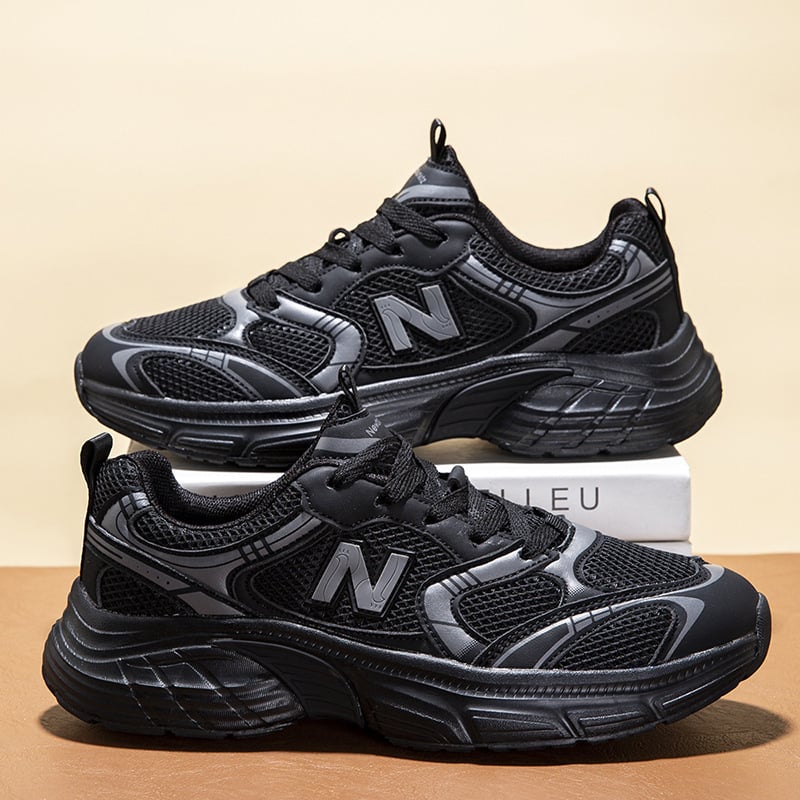 Adidași negri pentru bărbați, stil chunky, talpă moale, unisex, sneakers casual cu linie în formă de N