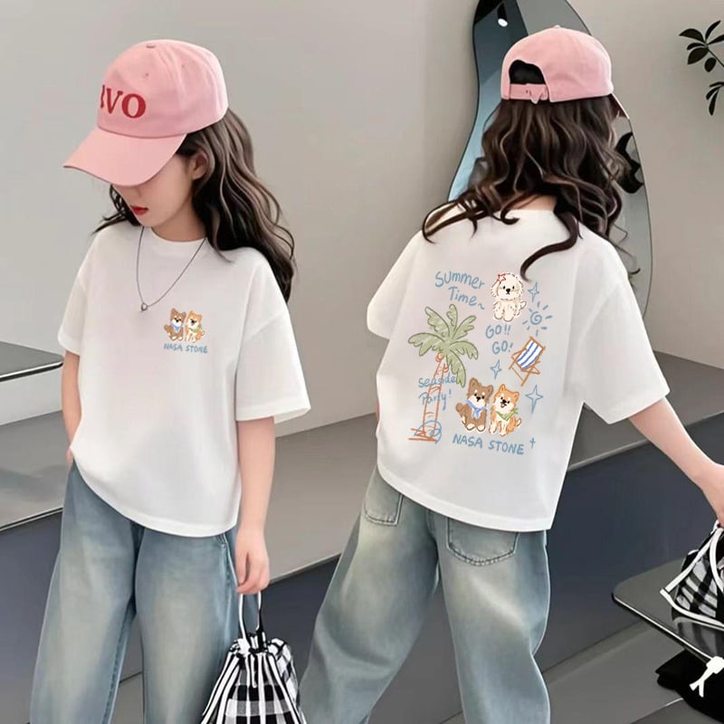 Tricou pentru fetițe cu mânecă scurtă din bumbac, vară 2026, design unic, stil american, croială lejeră și versatilă