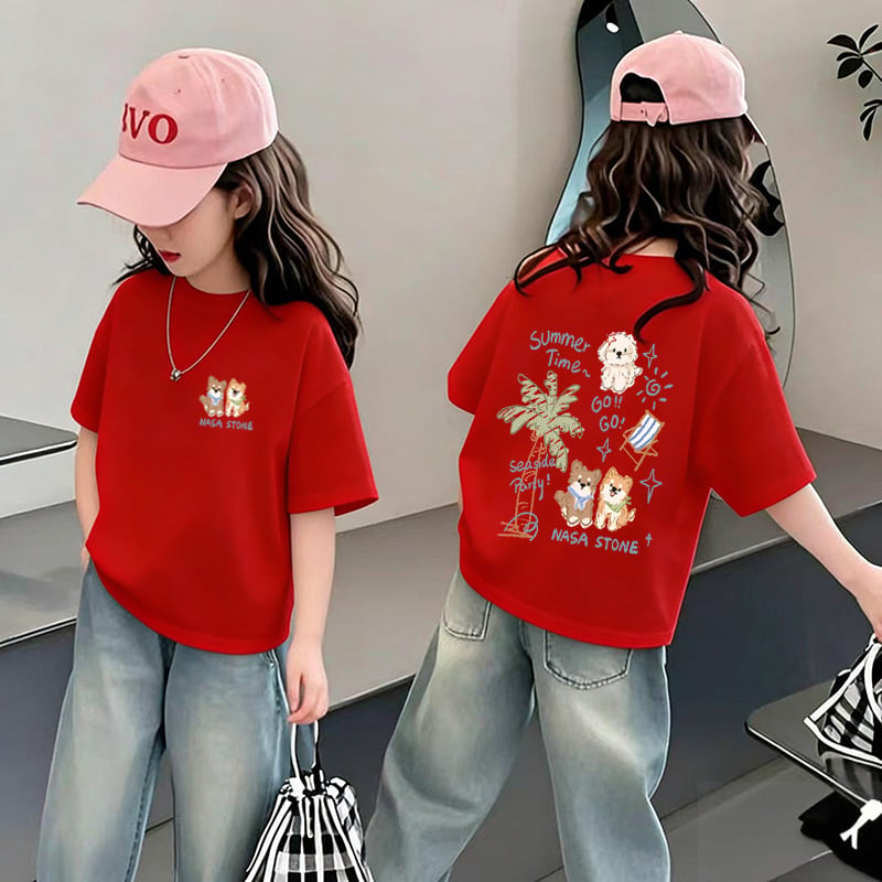Tricou pentru fetițe cu mânecă scurtă din bumbac, vară 2026, design unic, stil american, croială lejeră și versatilă