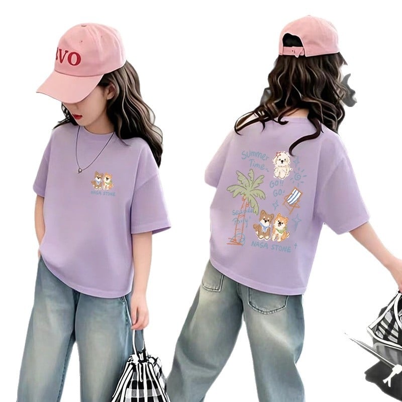 Tricou pentru fetițe cu mânecă scurtă din bumbac, vară 2026, design unic, stil american, croială lejeră și versatilă
