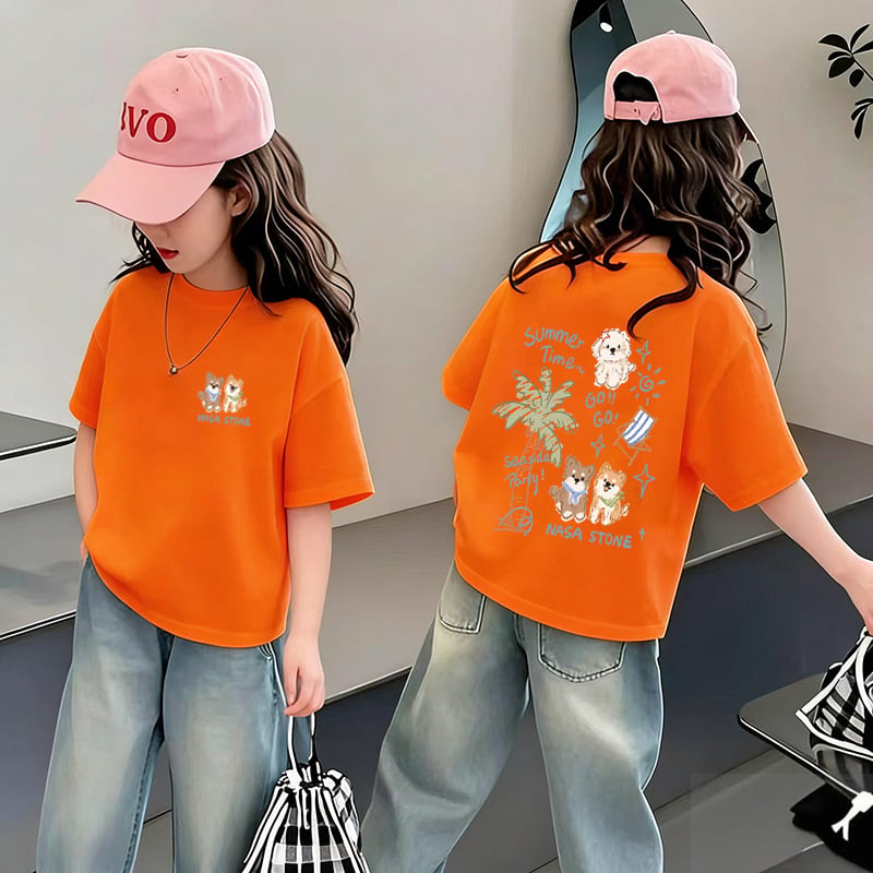 Tricou pentru fetițe cu mânecă scurtă din bumbac, vară 2026, design unic, stil american, croială lejeră și versatilă