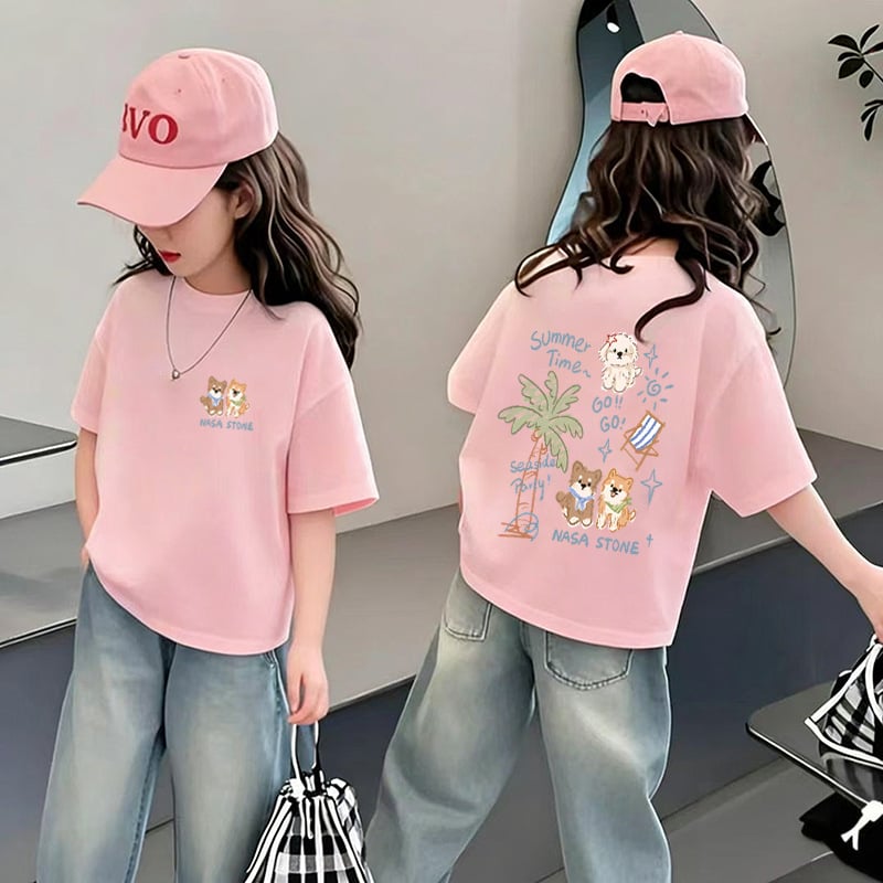 Tricou pentru fetițe cu mânecă scurtă din bumbac, vară 2026, design unic, stil american, croială lejeră și versatilă