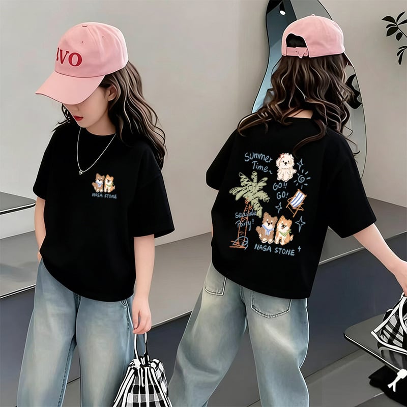 Tricou pentru fetițe cu mânecă scurtă din bumbac, vară 2026, design unic, stil american, croială lejeră și versatilă