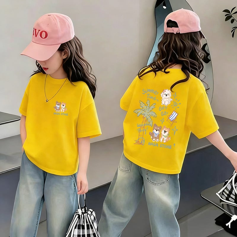 Tricou pentru fetițe cu mânecă scurtă din bumbac, vară 2026, design unic, stil american, croială lejeră și versatilă