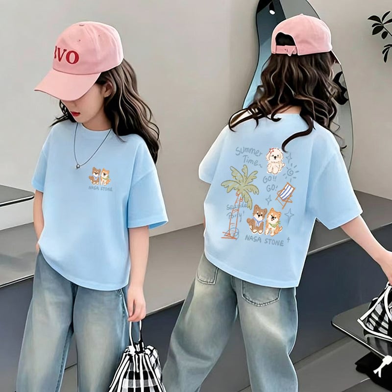 Tricou pentru fetițe cu mânecă scurtă din bumbac, vară 2026, design unic, stil american, croială lejeră și versatilă