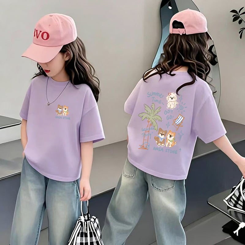 Tricou pentru fetițe cu mânecă scurtă din bumbac, vară 2026, design unic, stil american, croială lejeră și versatilă