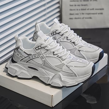 Pantofi sport casual pentru bărbați cu talpă groasă, partea superioară din plasă respirabilă, design care mărește înălțimea, șireturi, pantofi sport albi
