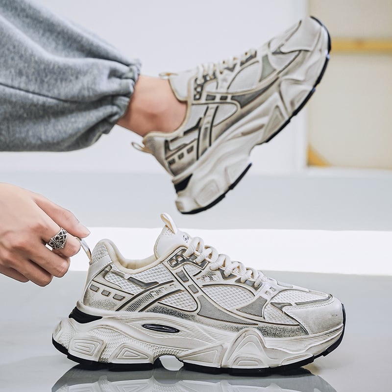 Pantofi sport casual pentru bărbați cu talpă groasă, partea superioară din plasă respirabilă, design care mărește înălțimea, șireturi, pantofi sport albi