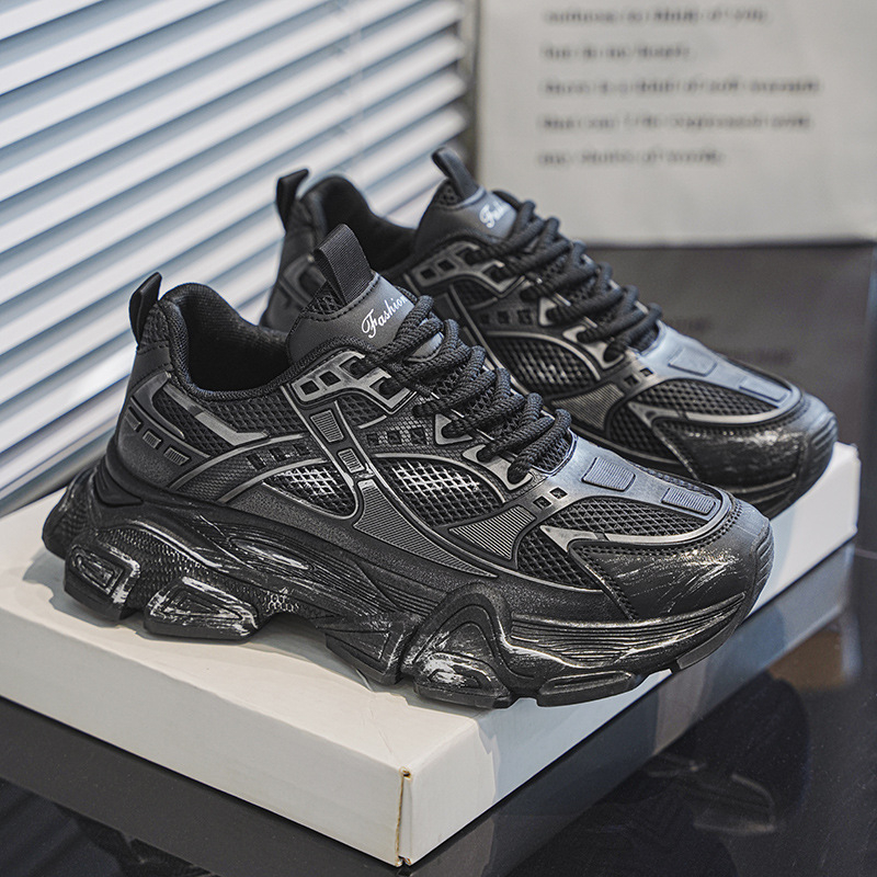 Pantofi sport casual pentru bărbați cu talpă groasă, partea superioară din plasă respirabilă, design care mărește înălțimea, șireturi, pantofi sport albi