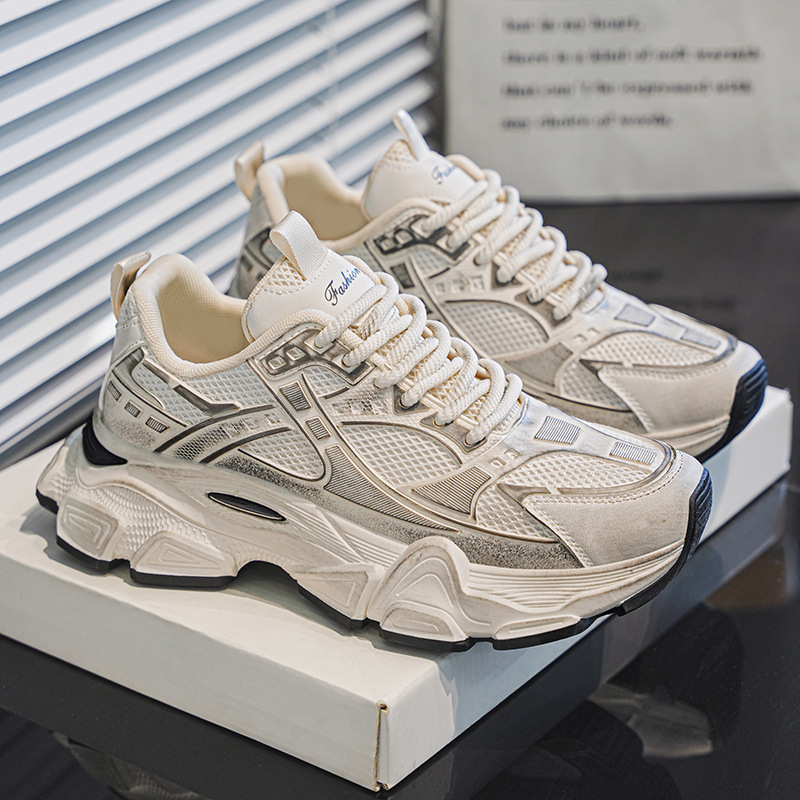 Pantofi sport casual pentru bărbați cu talpă groasă, partea superioară din plasă respirabilă, design care mărește înălțimea, șireturi, pantofi sport albi