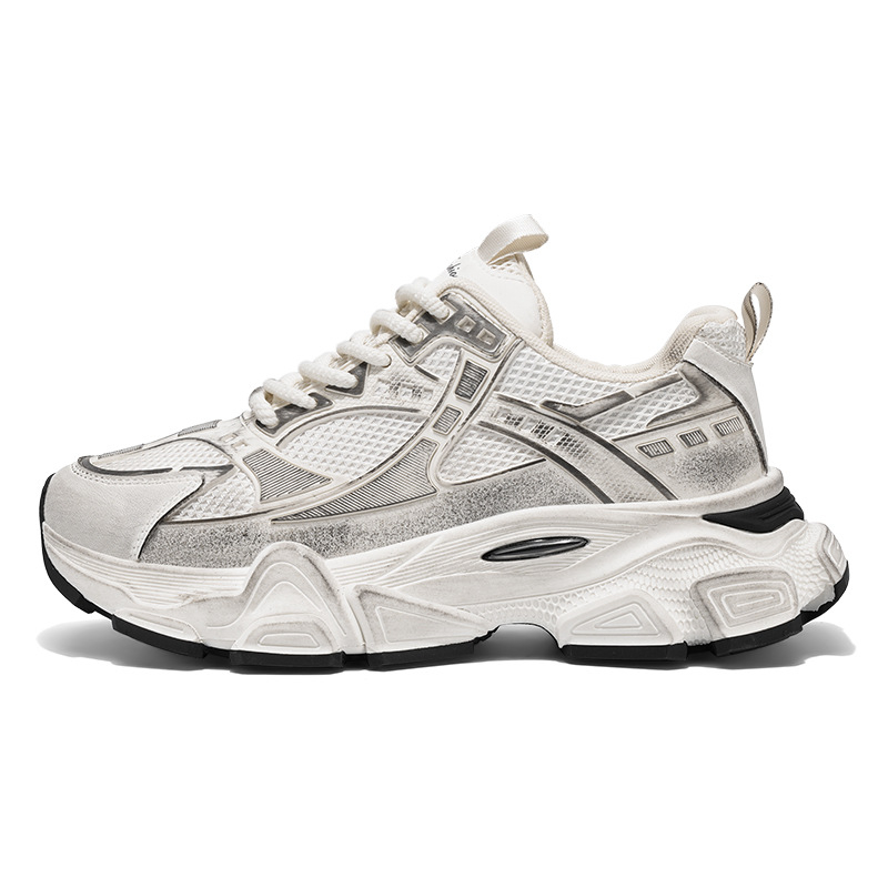 Pantofi sport casual pentru bărbați cu talpă groasă, partea superioară din plasă respirabilă, design care mărește înălțimea, șireturi, pantofi sport albi