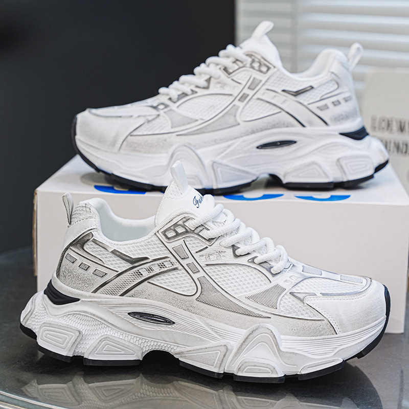 Pantofi sport casual pentru bărbați cu talpă groasă, partea superioară din plasă respirabilă, design care mărește înălțimea, șireturi, pantofi sport albi