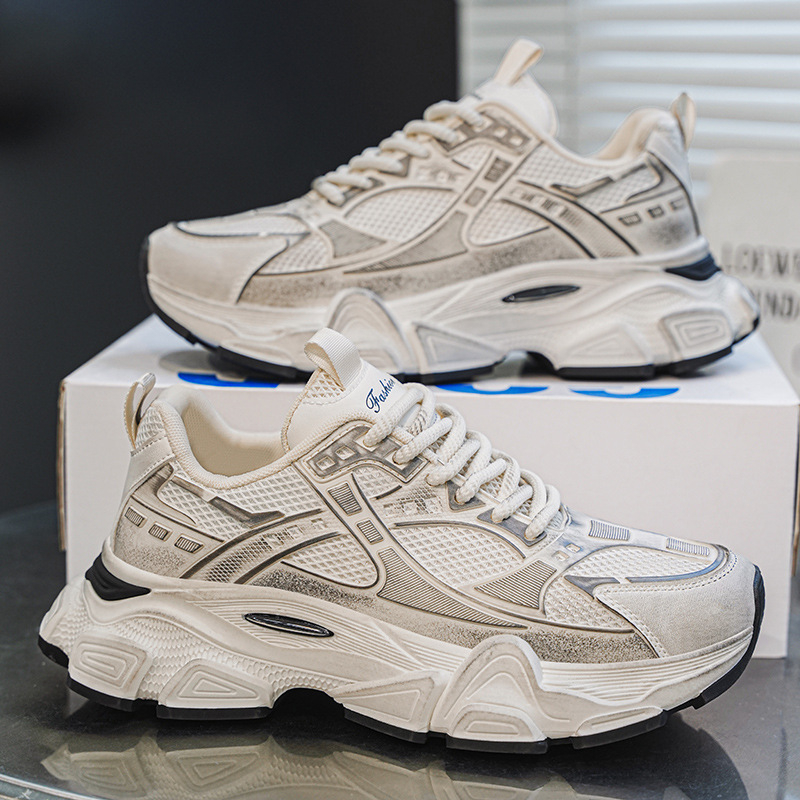 Pantofi sport casual pentru bărbați cu talpă groasă, partea superioară din plasă respirabilă, design care mărește înălțimea, șireturi, pantofi sport albi